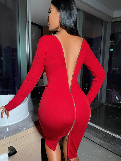 Red Solid Zipper Back Bodycon Dress