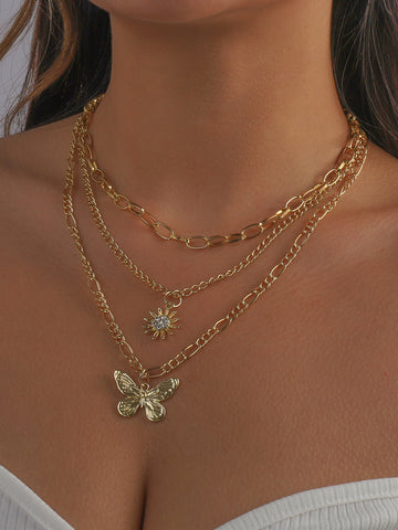 6pcs Rhinestone Decor Butterfly Charm Necklace