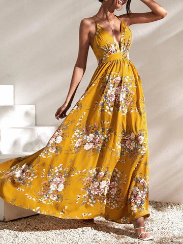 Floral Print Flounce Sleeve Tie Front Split Thigh Dress