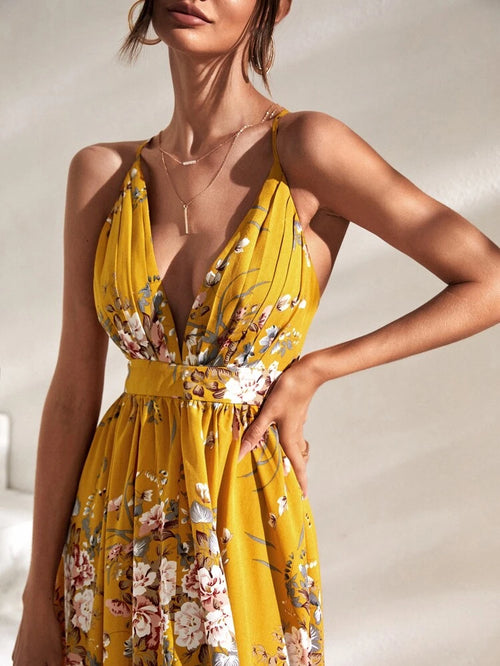 Mustard Yellow SHEIN Criss Cross Backless Floral Maxi Dress