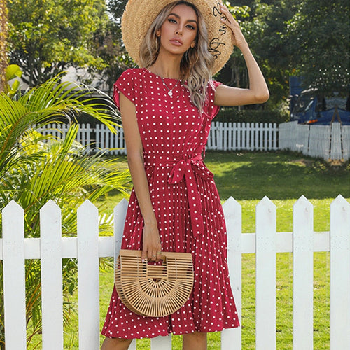 Summer Dresses For Women 2022 High Waist Midi Elegant Pleated Polka Do