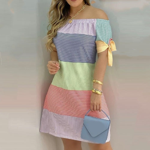 Shoulder Summer Mini Dress Sexy Short Sleeve Bow Tie Striped Plaid 