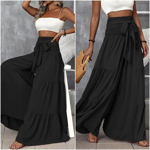 Shirred Waist Tie Front Ruffle Hem Wide Leg Pants